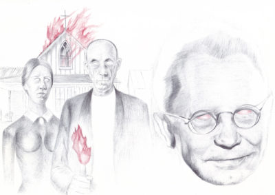 Bertrand Grave. Dibujo. Boli Bic. Serie Amerrika. Grant Wood Satanic Mode. 2017.