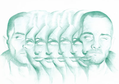 Bertrand Grave. Dibujo. Boli Bic. Serie Transmutaciones. Carlos y Sharon. 2018.